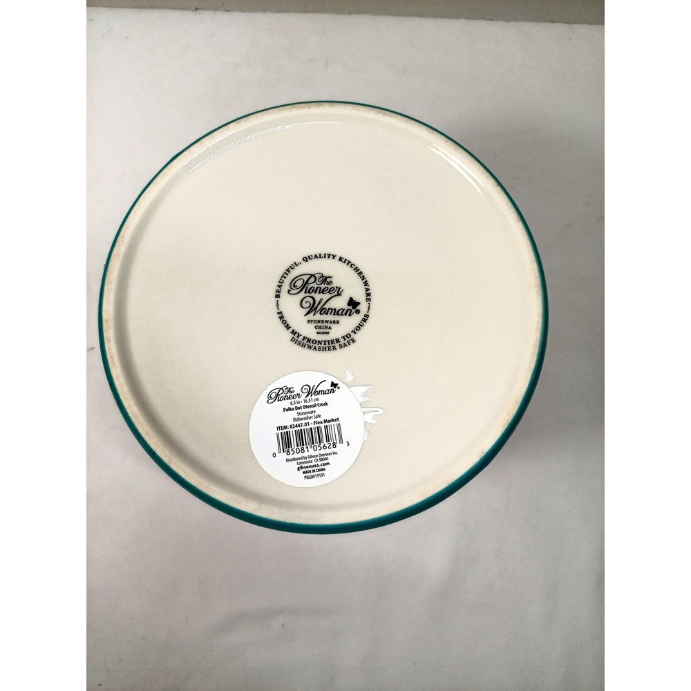 The Pioneer Woman Flea Market Red Polka Dot Stoneware Utensil Crock 6.5in Teal - Picture 3 of 5